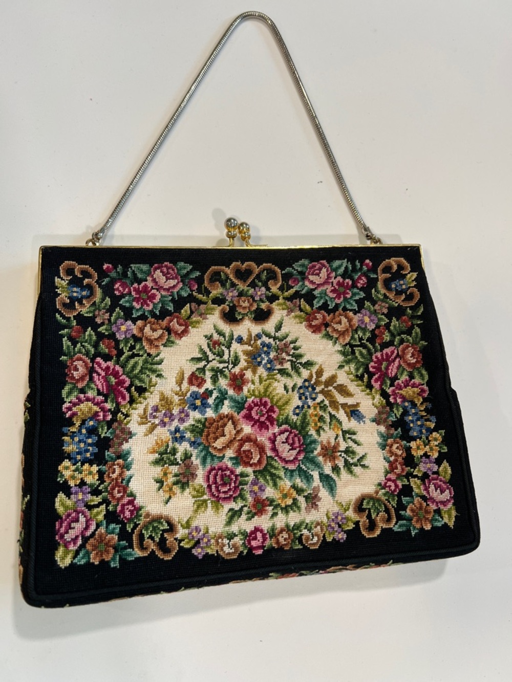 Tapestry Floral Needlepoint Evening Bag - Black & Multicolor, gold trim/chain